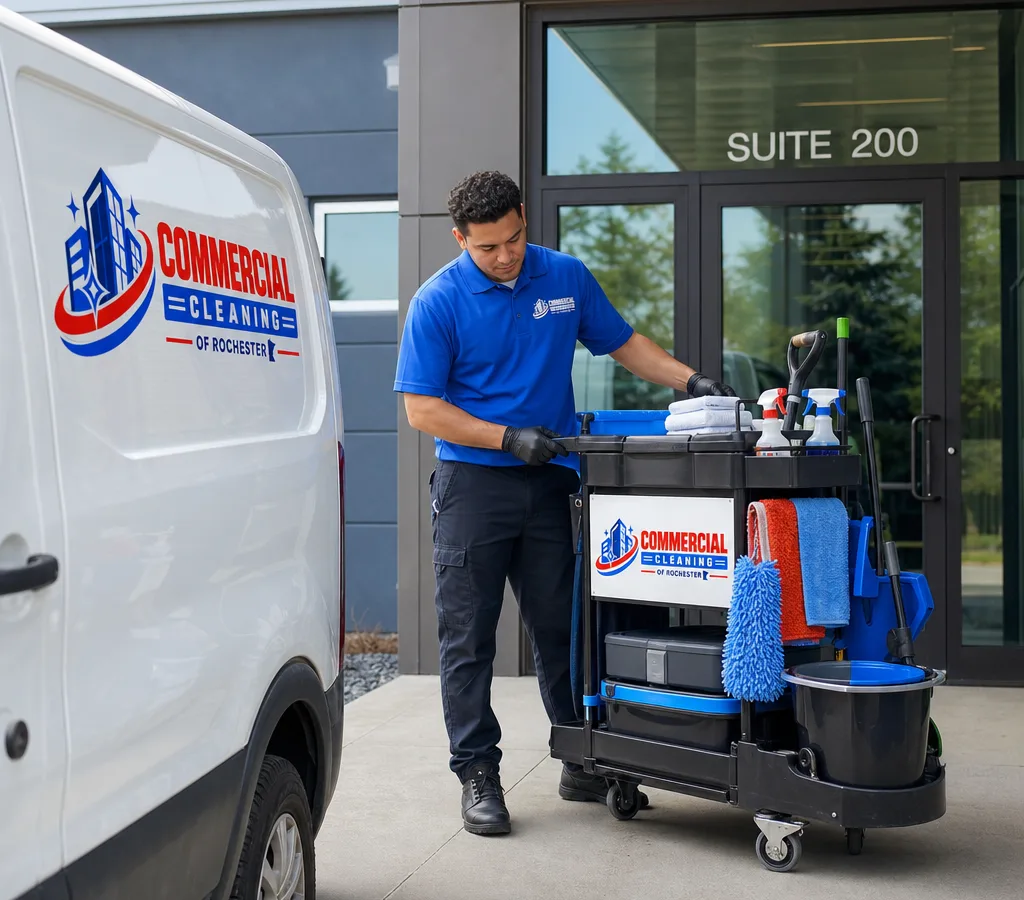 Uniformed commercial cleaning technician staging an organized janitorial cart outside a modern office or clinic suite
