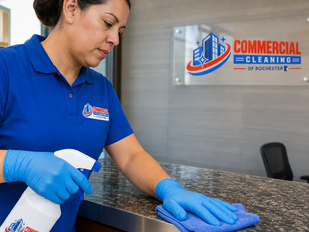 Gloved hands using a color-coded microfiber cloth and disinfectant on a commercial high-touch surface