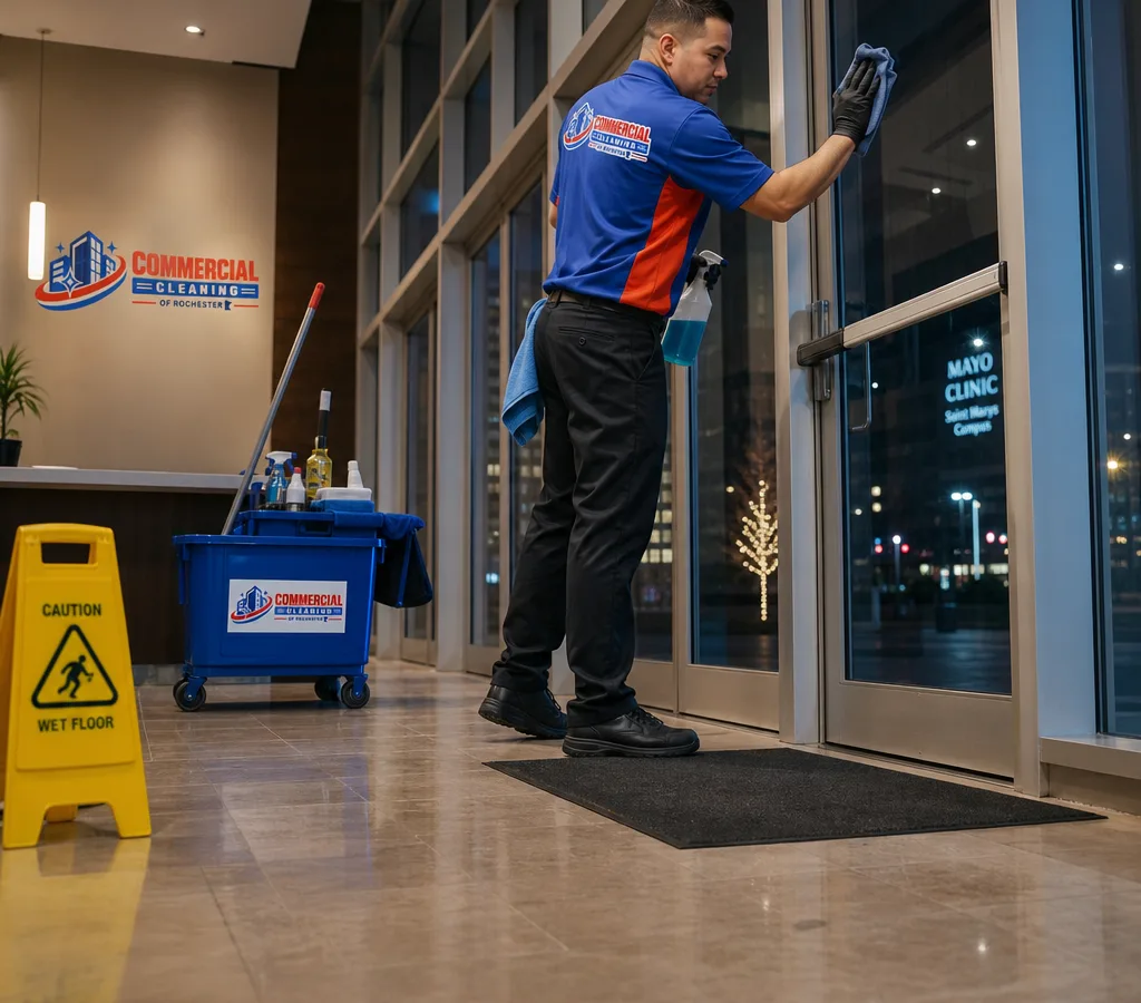 Uniformed commercial cleaner finishing a lobby floor and cleaning glass entry doors in a Rochester business after hours