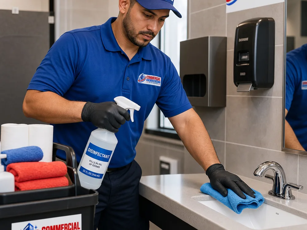 Cleaner restocking supplies and disinfecting high-touch fixtures in a commercial restroom