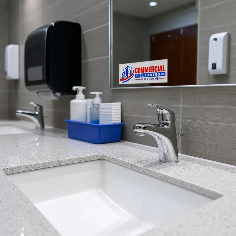 Spotless commercial restroom sink and counter with polished fixtures and neatly stocked dispensers