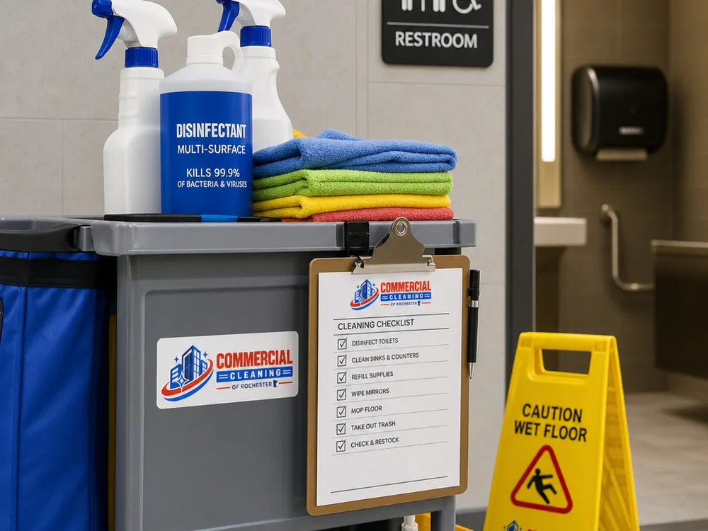 Commercial janitorial cart outside a restroom with color-coded cloths, labeled disinfectant, wet floor sign, and checklist clipboard