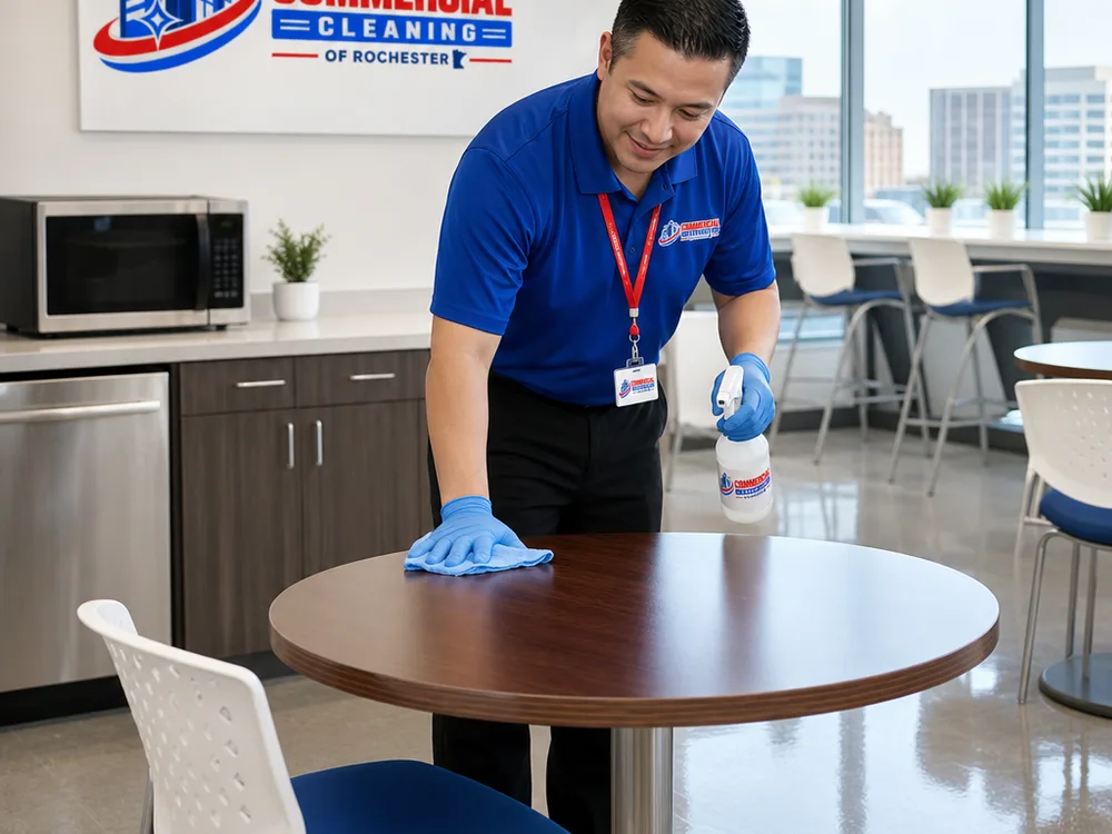 Clean office breakroom with wiped tables, empty trash, clean appliance exteriors, and streak-free hard flooring