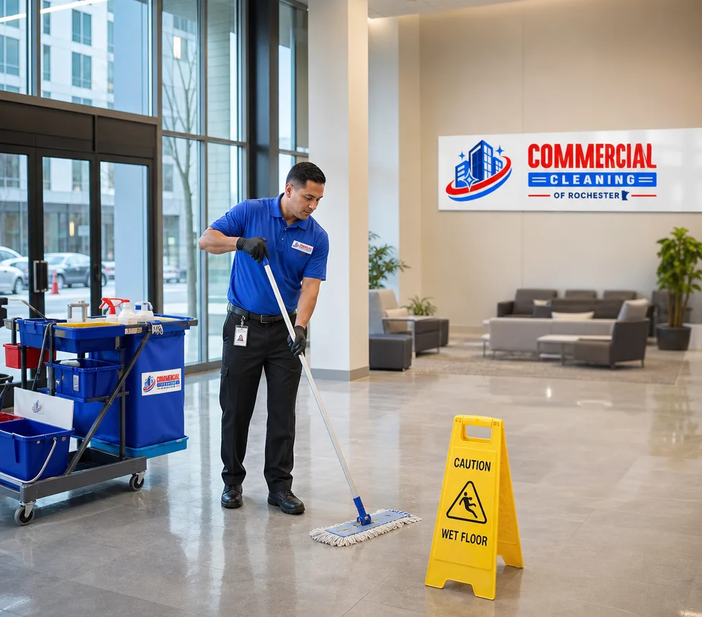 Professional janitorial technician cleaning and disinfecting a commercial lobby in a Rochester office building