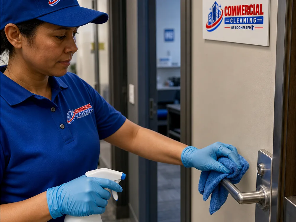 Gloved hands disinfecting door handles and light switches in a commercial corridor