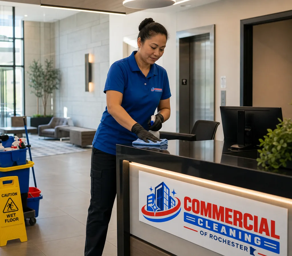 Professional cleaner restocking supplies and wiping a reception counter in a modern commercial lobby in Rochester, Minnesota