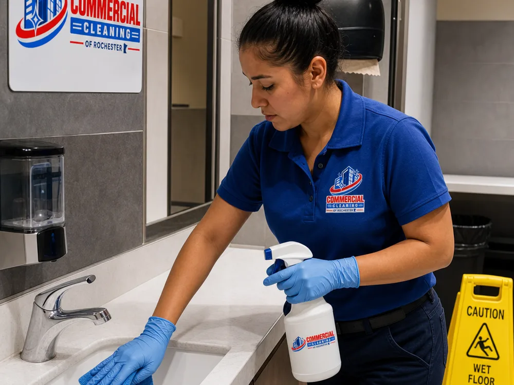 Cleaner wiping fixtures, disinfecting touchpoints, and checking paper supplies in a commercial restroom