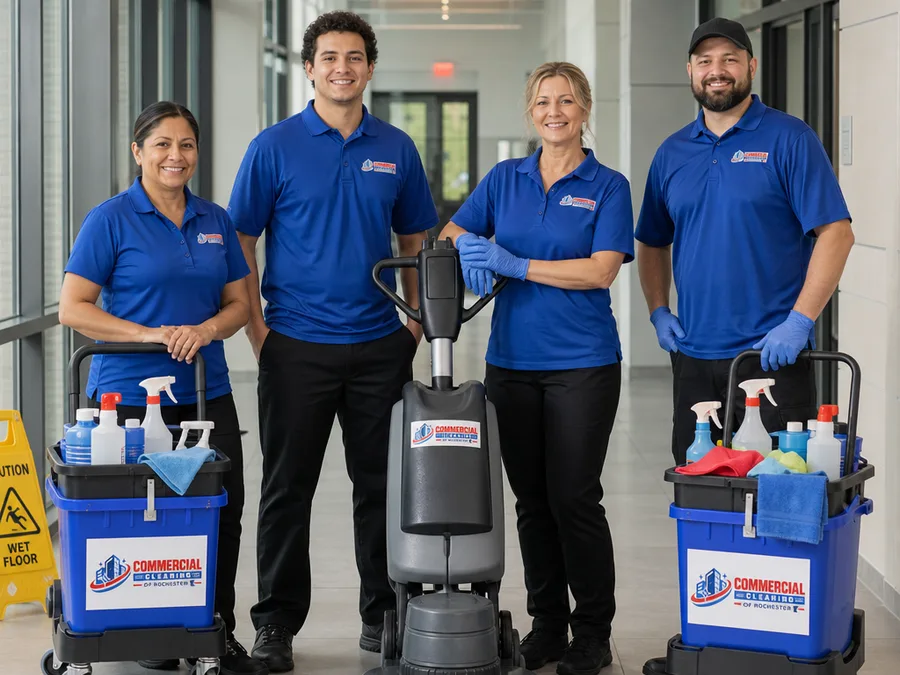 Commercial Cleaning of Rochester team with cleaning caddies and a floor machine in a commercial hallway